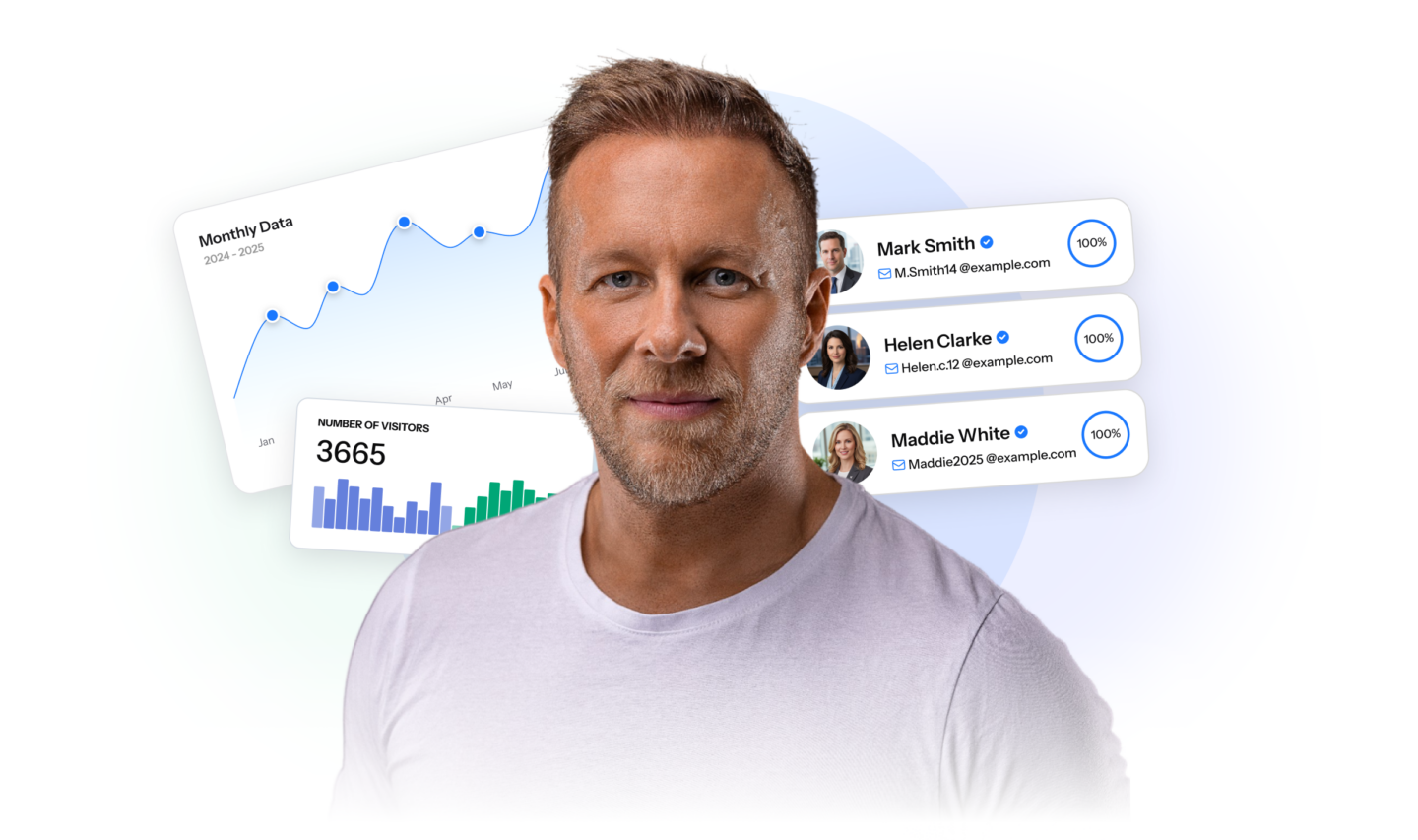 Jason Graystone smiling in a white t-shirt, with dashboard UI overlays showing monthly data charts, 3665 visitors, and verified contact…