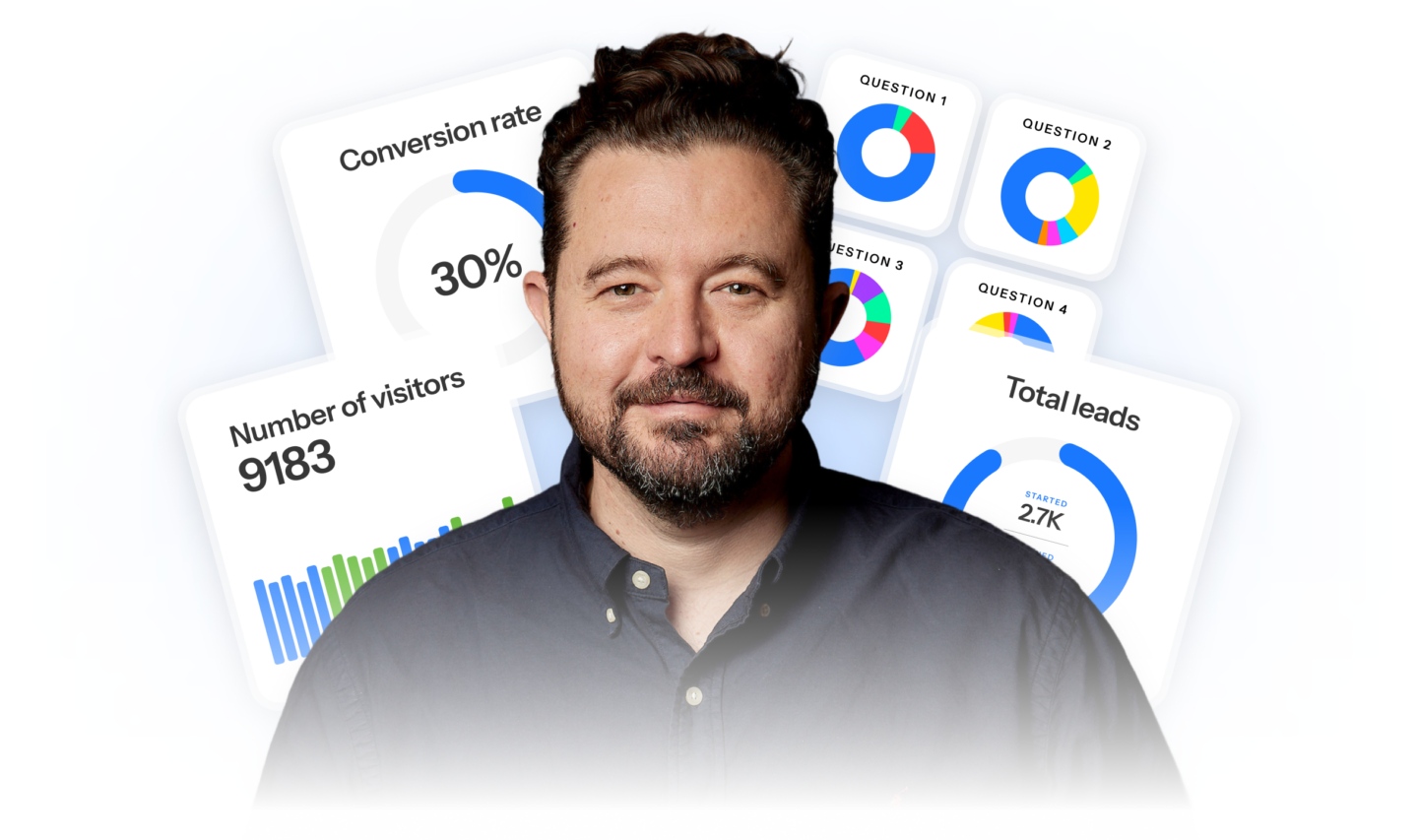 Daniel Priestley in front of ScoreApp analytics dashboards showing 30% conversion rate, 9183 visitors, 2.7K leads, and survey response…