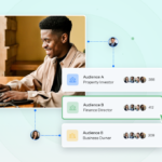 Audience segmentation UI showing three segments - Property Investor (388), Finance Director (412), and Business Owner (209) - linked to…