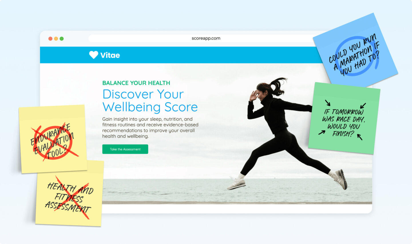 ScoreApp quiz landing page example for 'Vitae' titled 'Discover Your Wellbeing Score,' with sticky notes showing crossed-out name ideas…