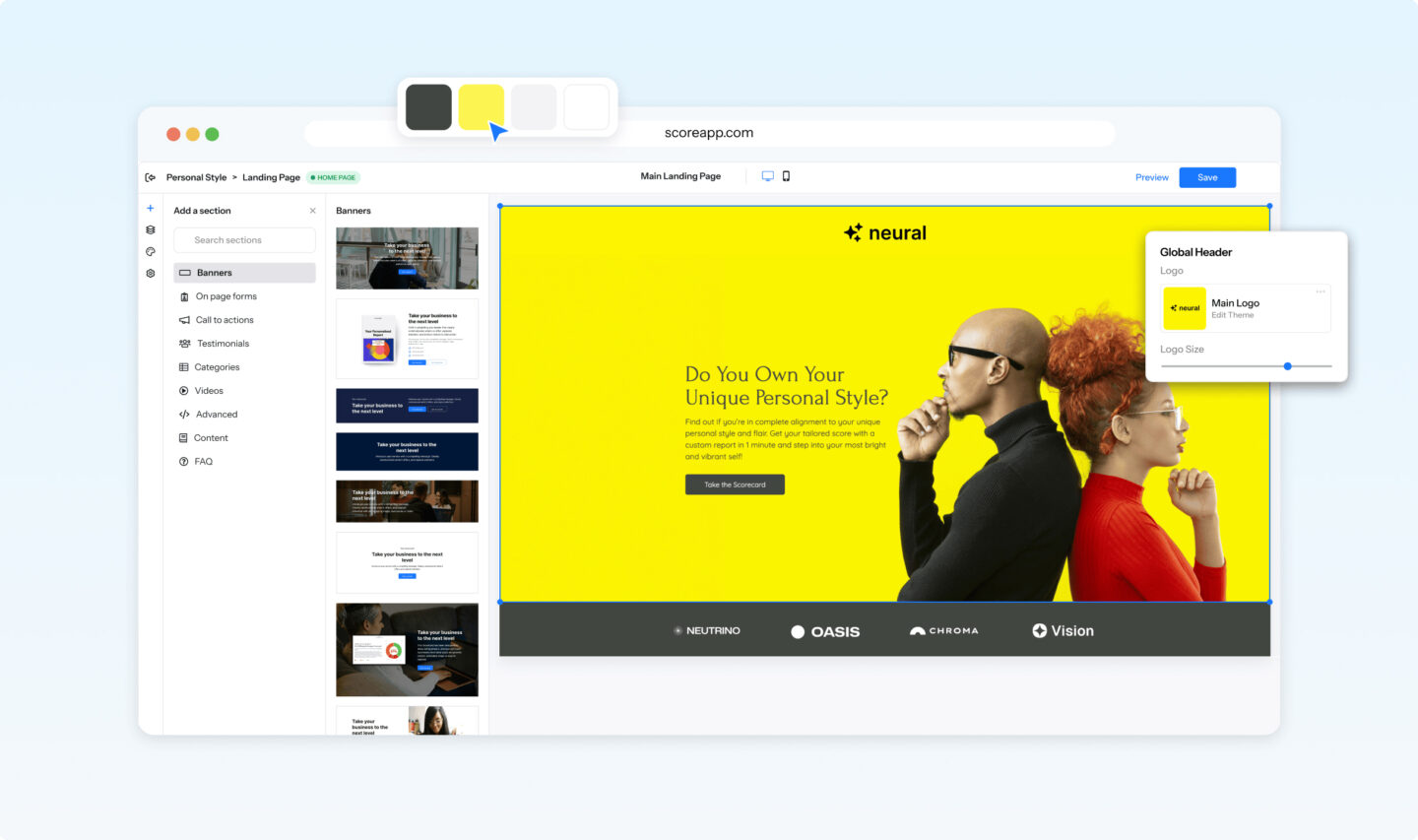 ScoreApp landing page builder interface showing a yellow banner with the headline 'Do You Own Your Unique Personal Style?' and a Global…
