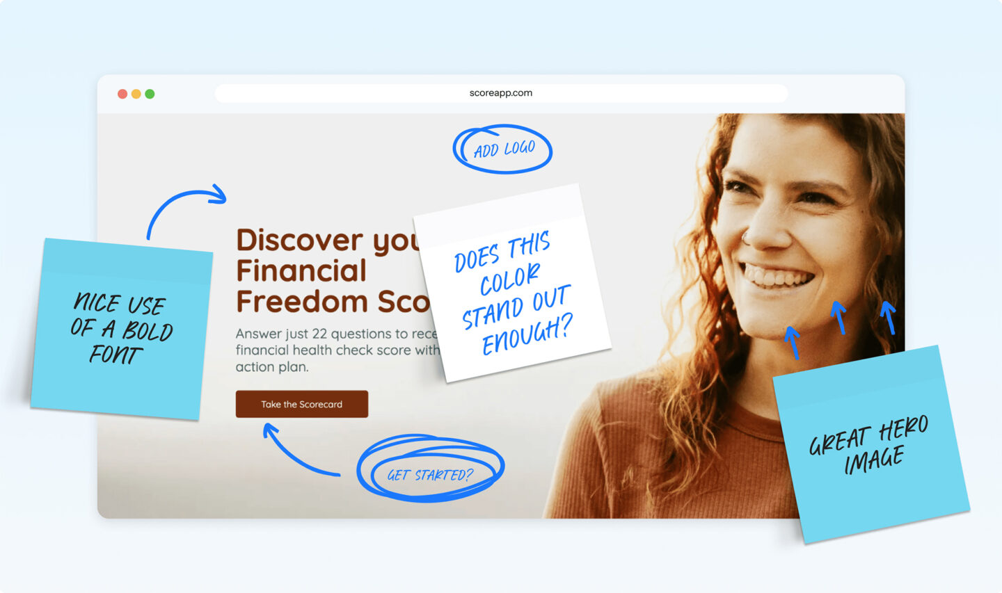 ScoreApp scorecard landing page mockup with sticky-note feedback annotations highlighting font, color, logo placement, and hero image