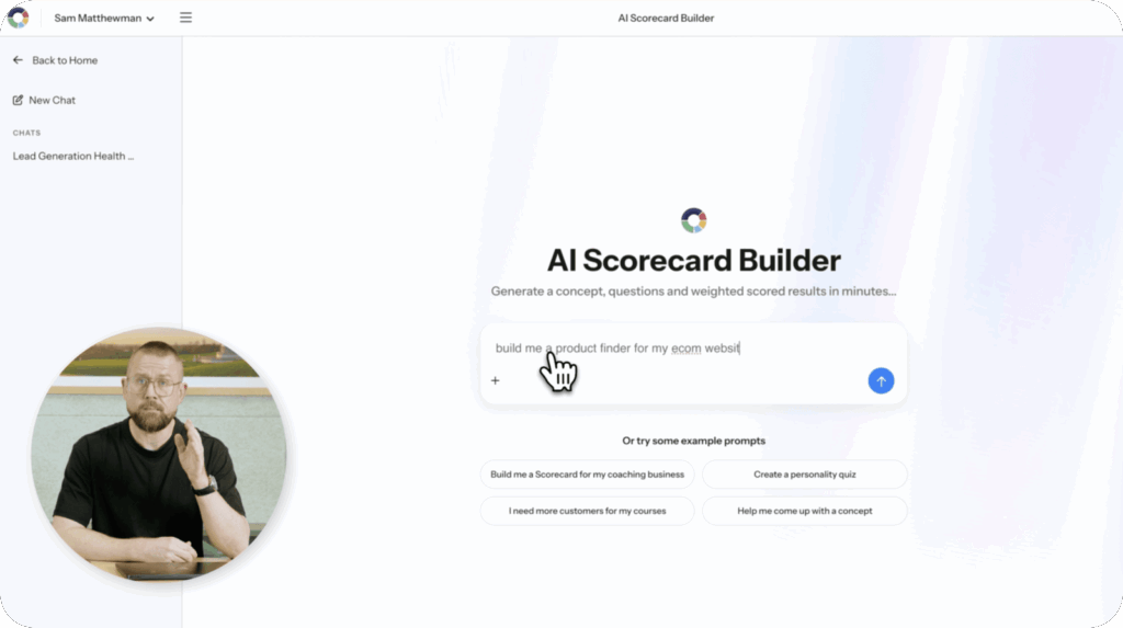 ScoreApp AI builder generating a product finder for an ecommerce website