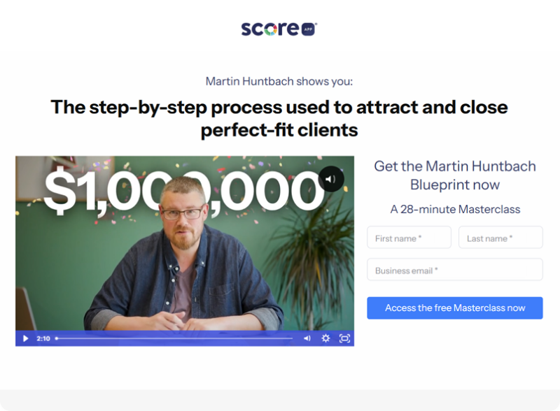 Martin Huntbach ScoreApp landing page video thumbnail showing '$1,000,000' text overlay with a signup form for a free 28-minute Masterclass