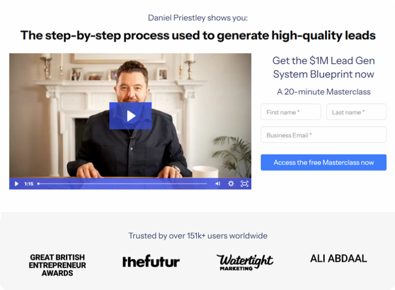 Daniel Priestley presenting a video masterclass on generating high-quality leads, with logos for Great British Entrepreneur Awards,…