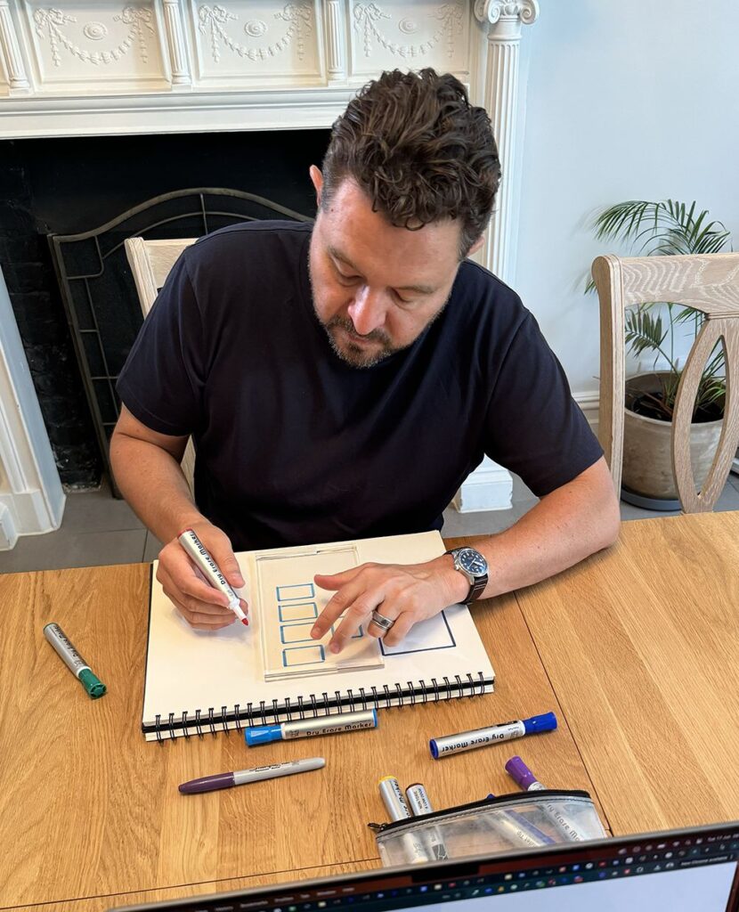 Man sitting at a desk using a dry erase marker and clear stencil to sketch a wireframe layout in a spiral notebook, with multiple markers…