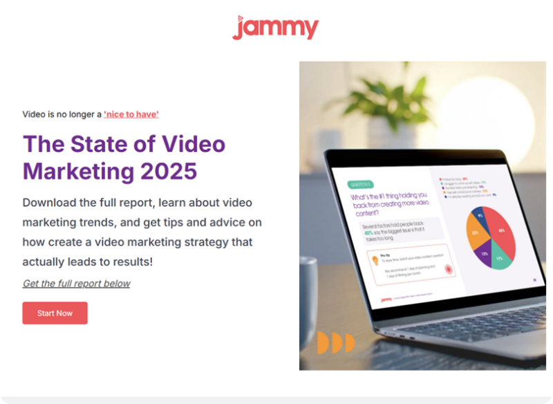 Laptop displaying a Jammy 'State of Video Marketing 2025' report slide with a pie chart about barriers to creating video content