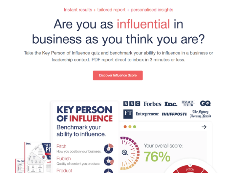 Key Person of Influence quiz landing page showing a 76% overall influence score, media logos, and a 'Discover Influence Score' button