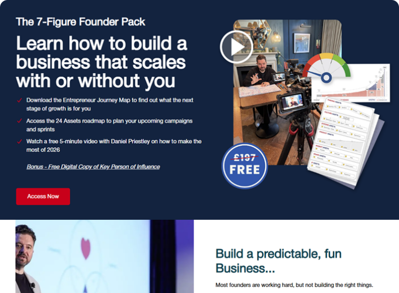 The 7-Figure Founder Pack landing page showing a free business scaling resource pack with video preview, gauge graphic, and 'FREE' badge…