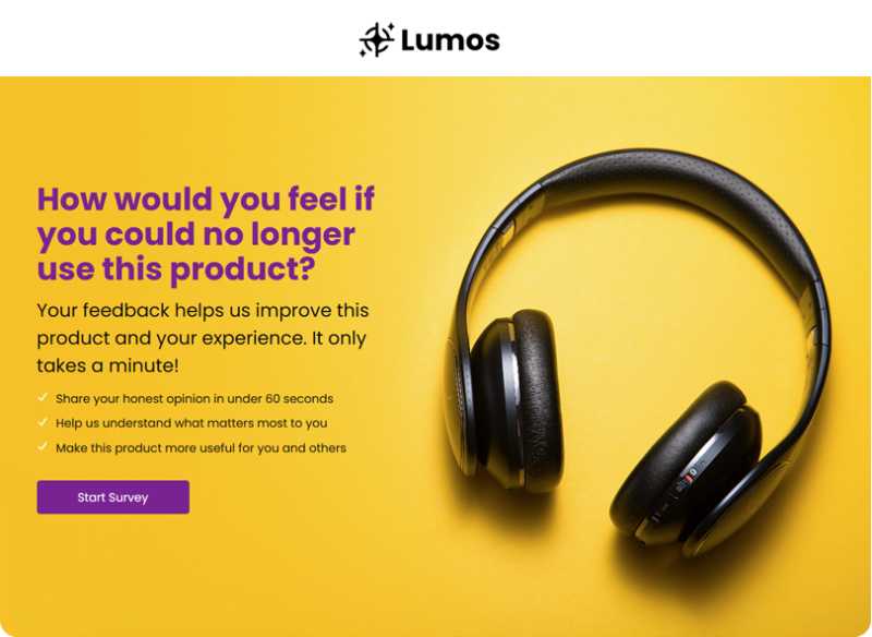 Lumos product-market fit survey example with black headphones on a yellow background and a 'Start Survey' button
