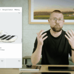 Presenter gesturing beside an adidas product listing showing Adizero Takumi Sen 11 Shoes at 170 pounds with 4.5 stars and 74 reviews