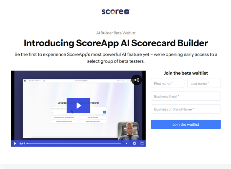 ScoreApp AI Scorecard Builder beta waitlist page with a product demo video and a sign-up form to join the waitlist