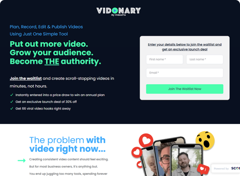 Vidonary by VideoFlo waitlist landing page with headline 'Put out more video. Grow your audience. Become THE authority.' and signup form