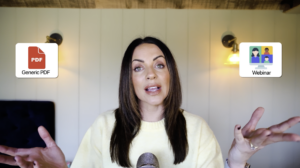 Woman speaking on camera with a microphone, flanked by icons labeled 'Generic PDF' and 'Webinar