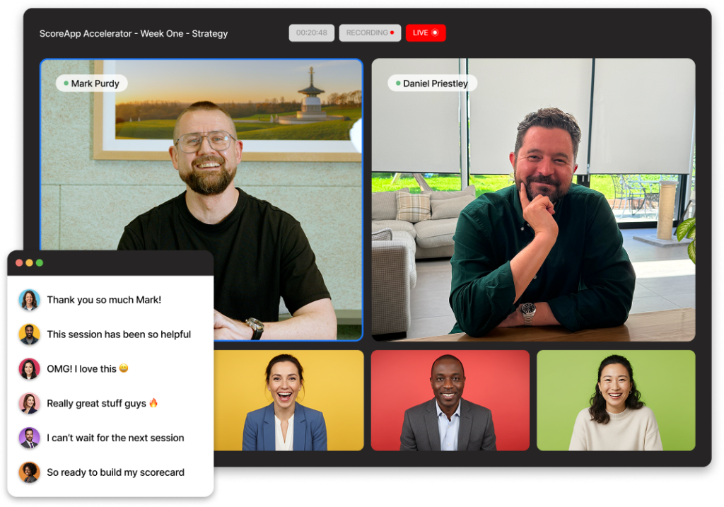 Live video call for ScoreApp Accelerator Week One Strategy session, showing hosts Mark Purdy and Daniel Priestley with participant chat…