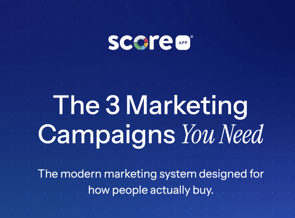 ScoreApp logo above the headline 'The 3 Marketing Campaigns You Need' and subtext 'The modern marketing system designed for how people…