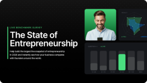 The State of Entrepreneurship 2026 Live Benchmark Survey promotional banner with radar chart, bar chart, and a smiling man on a phone