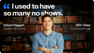 Robert Haggart of English for Life Coaching smiles with arms crossed, with quote 'I used to have so many no shows' and stat '25%+ Sales…