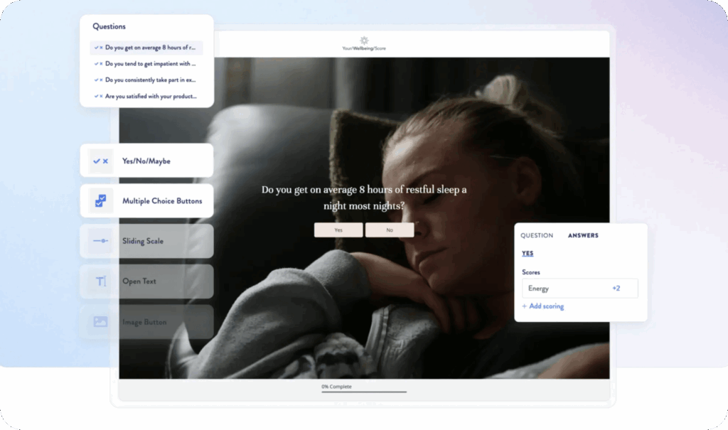 ScoreApp quiz builder interface showing a wellbeing quiz question, answer types panel, and scoring settings for a Yes answer awarding plus…