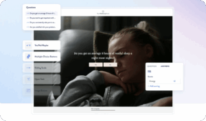 ScoreApp quiz builder interface showing a wellbeing quiz question, answer types panel, and scoring settings for a Yes answer awarding plus…
