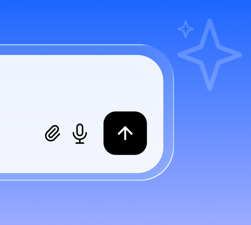 AI chat input bar with attach, microphone, and send icons on a blue gradient background with sparkle accents
