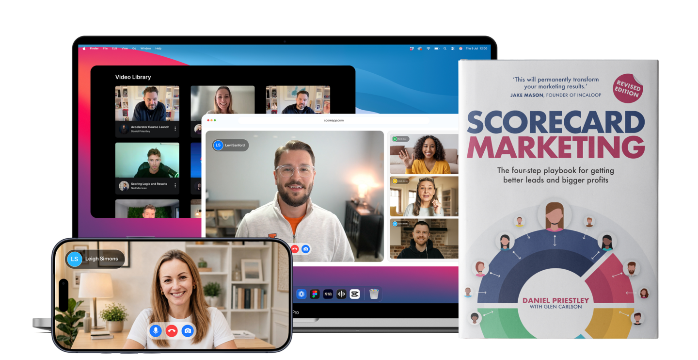 ScoreApp platform shown on MacBook and iPhone alongside the Scorecard Marketing book by Daniel Priestley and Glen Carlson, revised edition