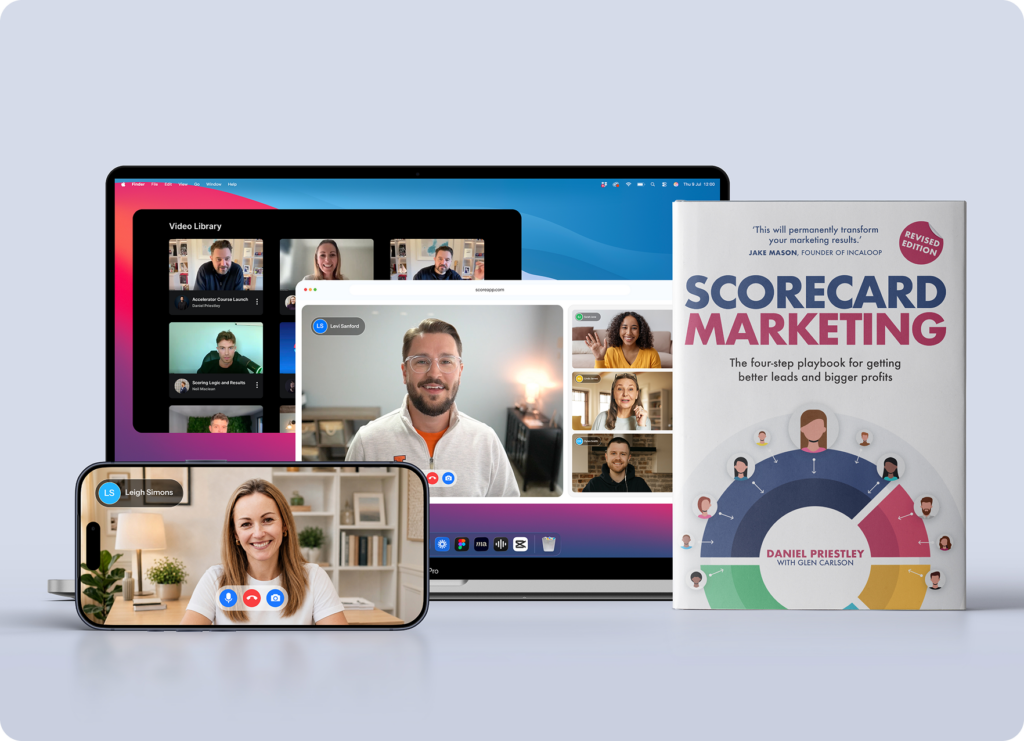 Scorecard Marketing book by Daniel Priestley alongside a laptop, tablet, and phone showing video calls and a ScoreApp video library