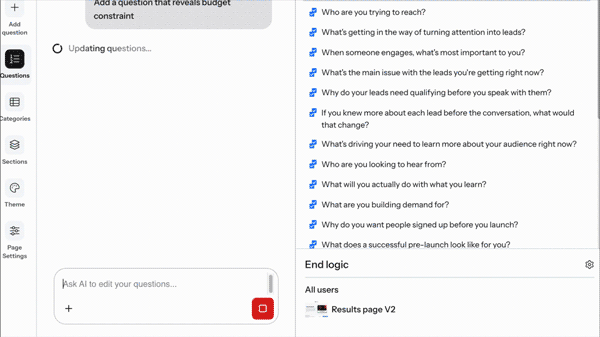 ScoreApp AI question builder chat panel open beside a scorecard's question list